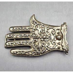 VTG Kenneth Lane Hamsa Hand Belt Buckle 3" Silver-Tone Bird & Floral Design 60s